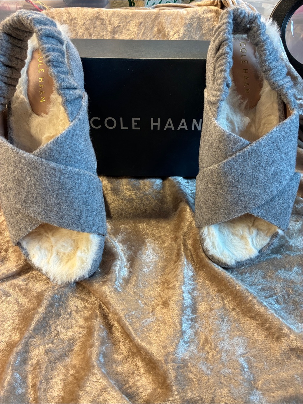 Cole Haan Gray Wool Crisscross Fur-Lined Slides